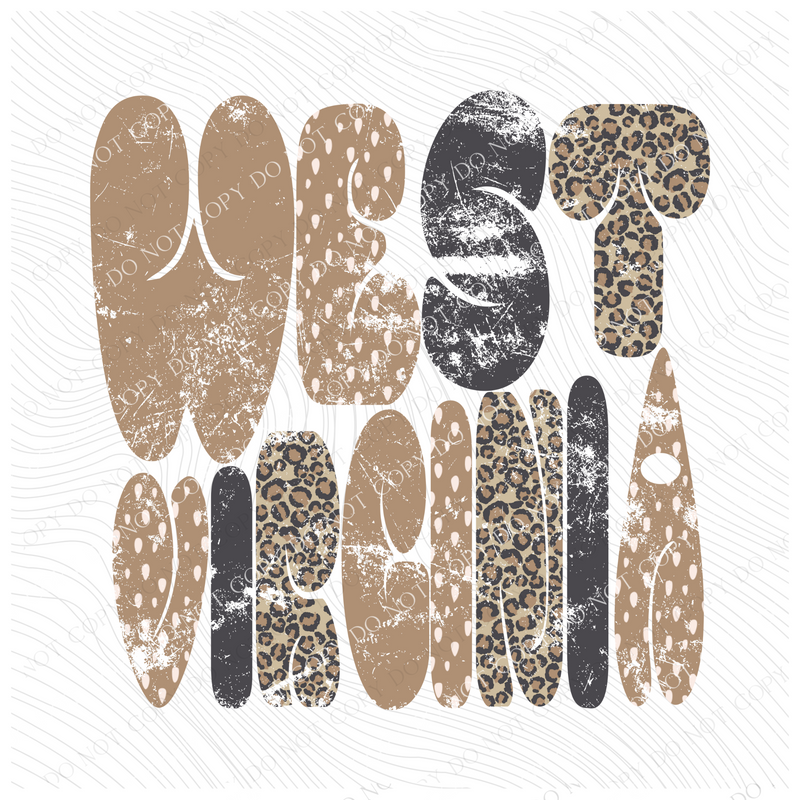 West Virginia Chubby Retro Distressed Leopard print in tones of Tans & Faded Black Digital Design, PNG
