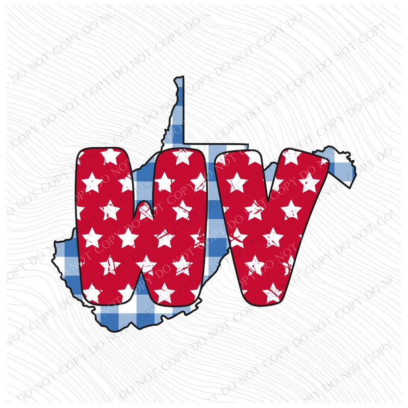 WV West Virginia Gingham Stars Red White Blue Digital Design, PNG