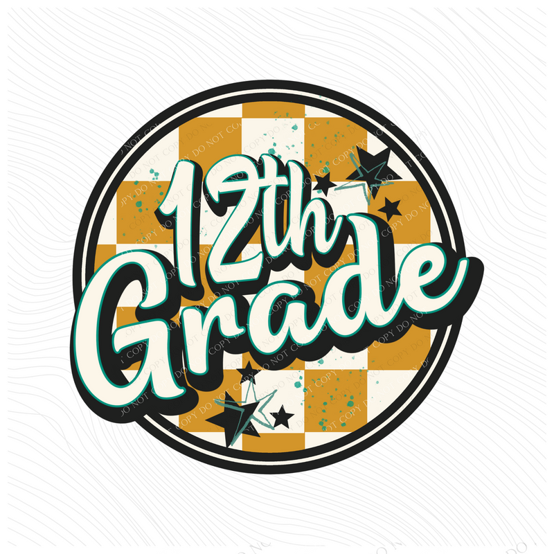 12th Grade Mustard Checkered Circle with Stars School Digital Design, PNG