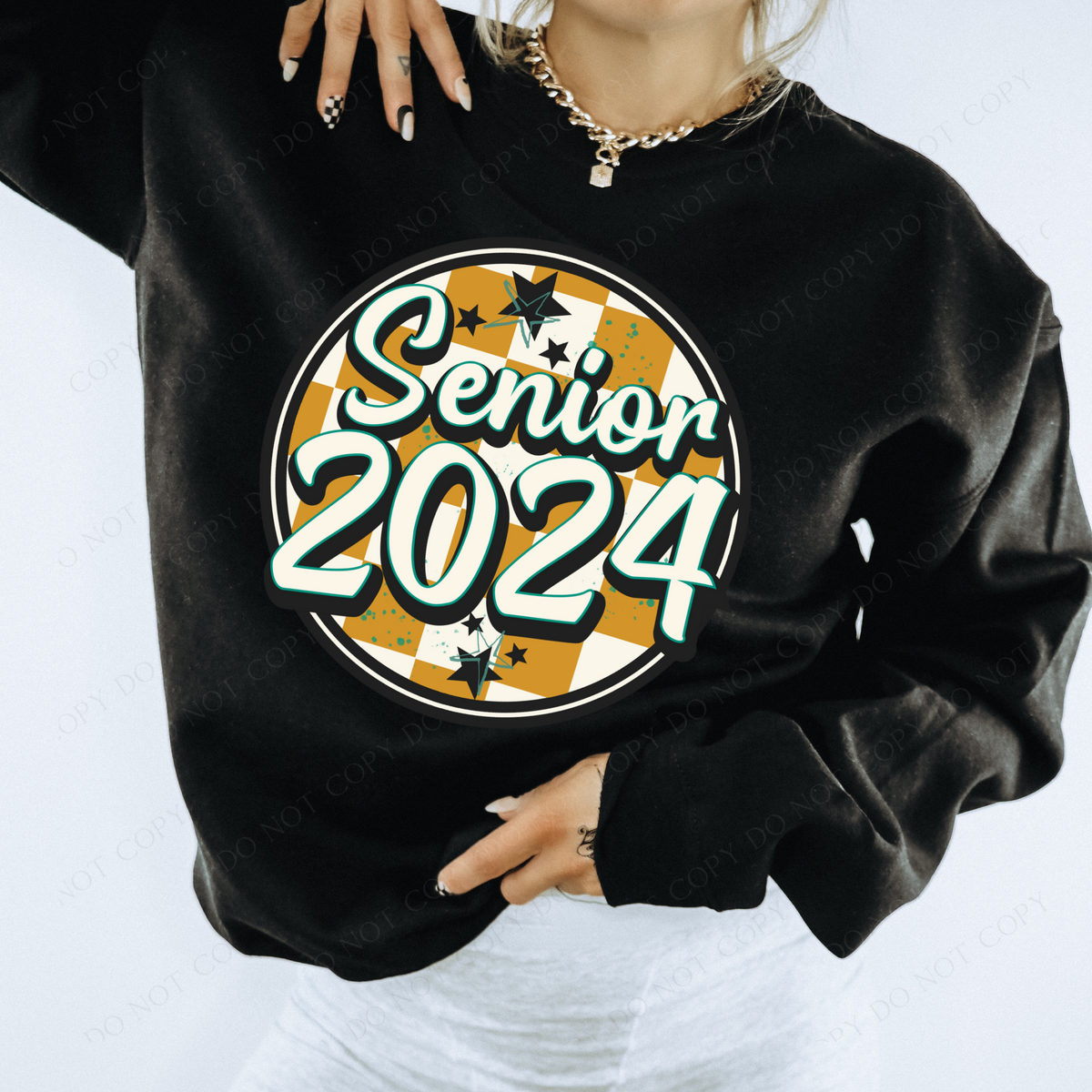 Senior 2024 Mustard Checkered Circle with Stars School Digital Design, PNG