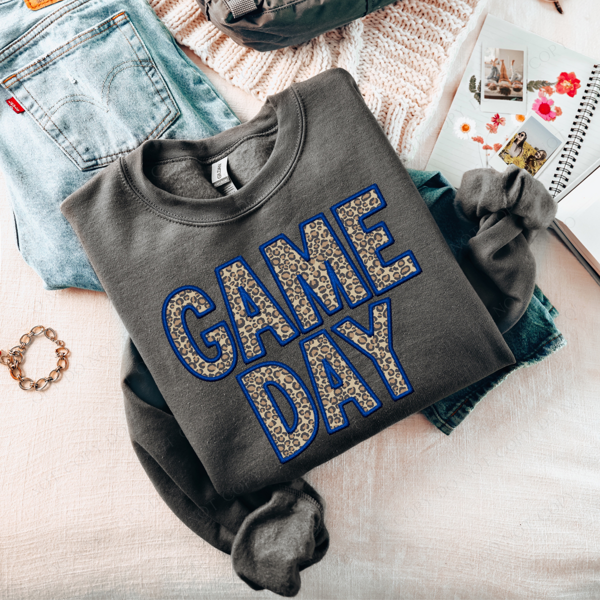 Game Day Leopard Embroidery & Script in Blue and Leopard Digital Design, PNG