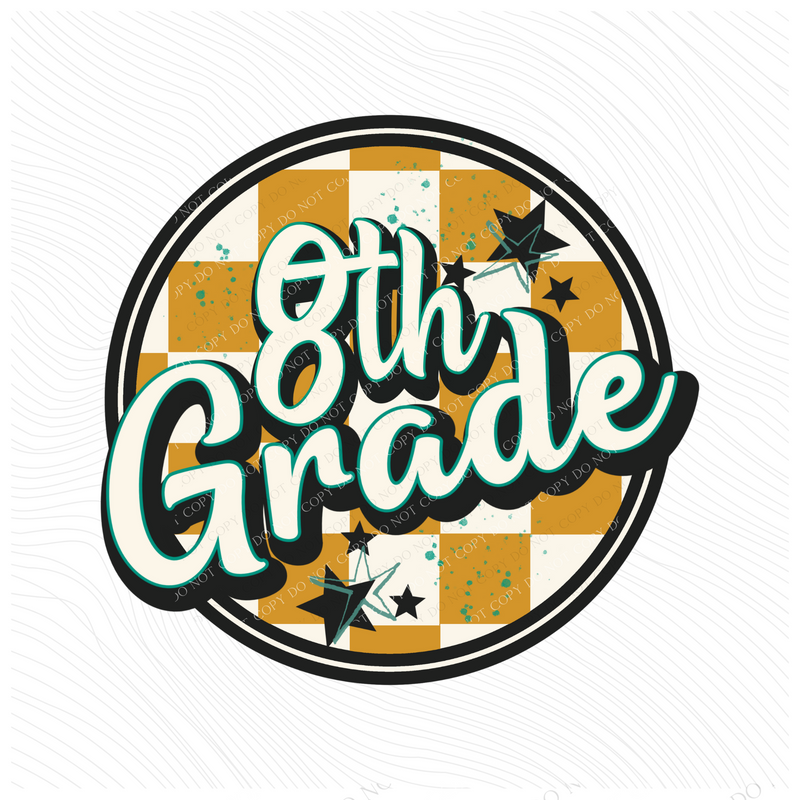 8th Grade Mustard Checkered Circle with Stars School Digital Design, PNG