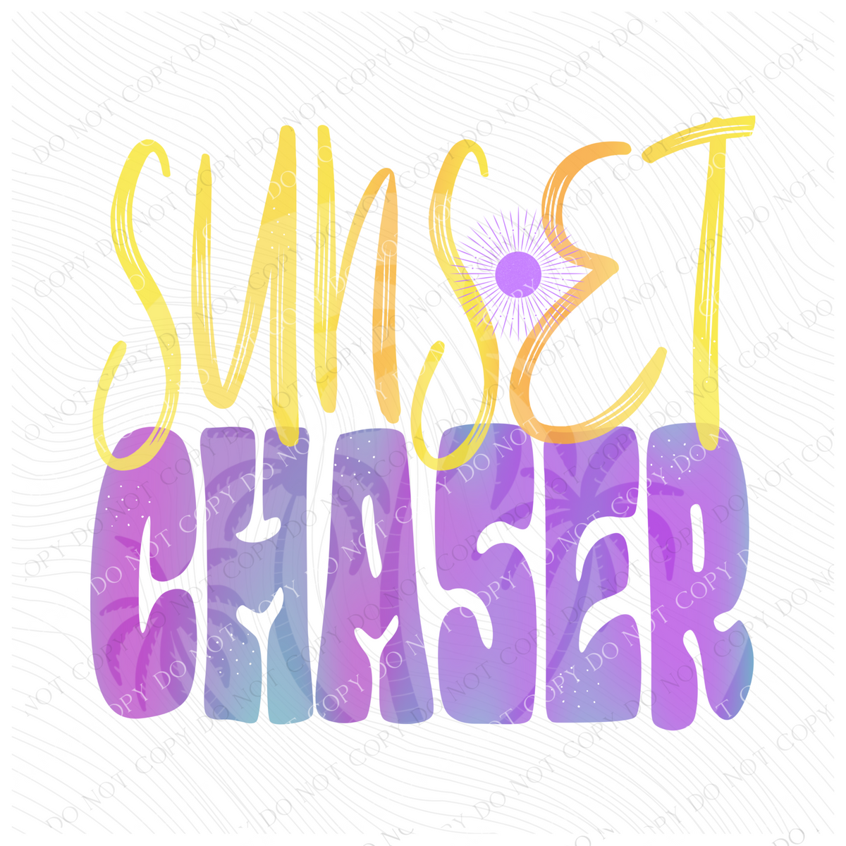 Sunset Chaser with Faded Palm Trees in Purple & Yellow Ombré and Sun PNG,  Digital Design