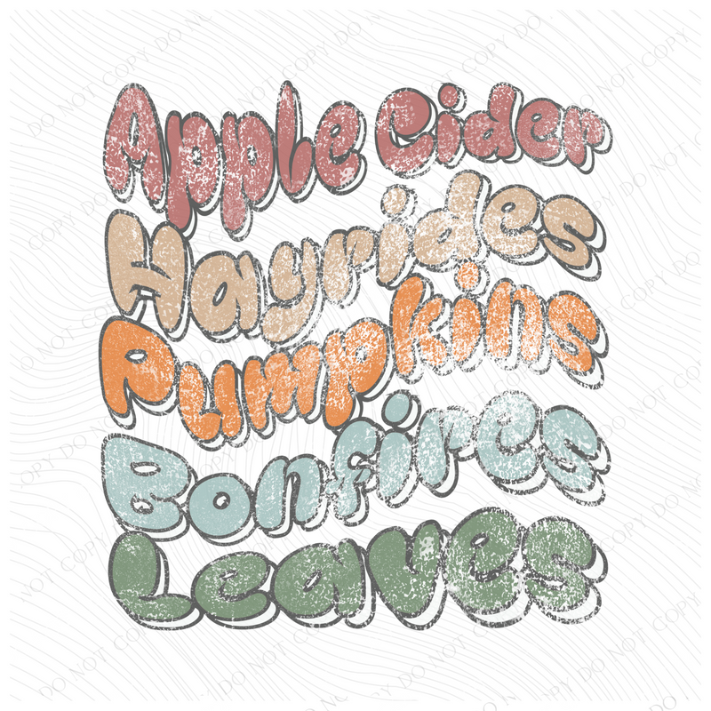 Apple Cider, Hayrides, Pumpkins, Bonfires, Leaves Fall List Faded Distressed Shadow Wavy in Fall Tones Digital Design, PNG