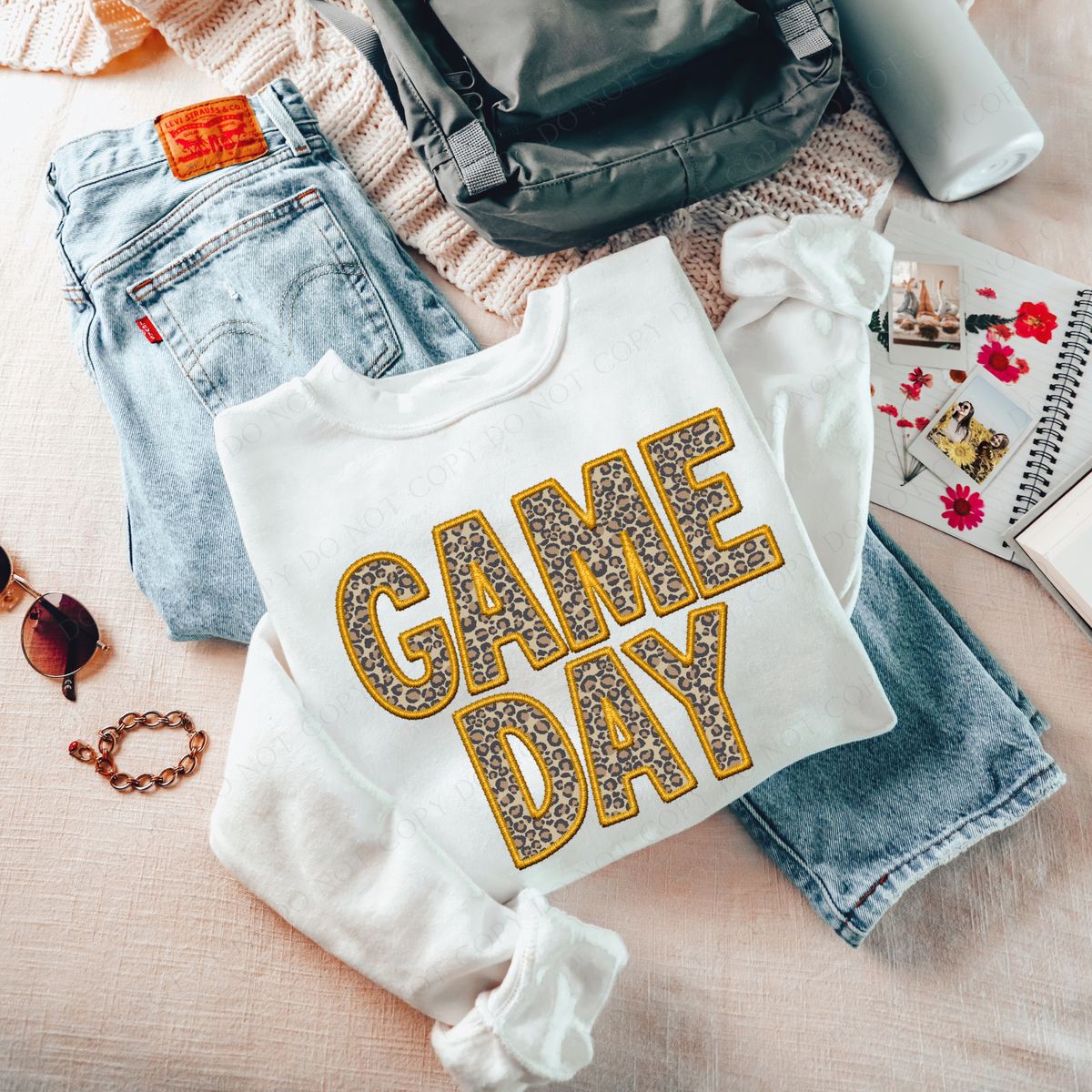 Game Day Leopard Embroidery & Script in Yellow Gold and Leopard Digital Design, PNG