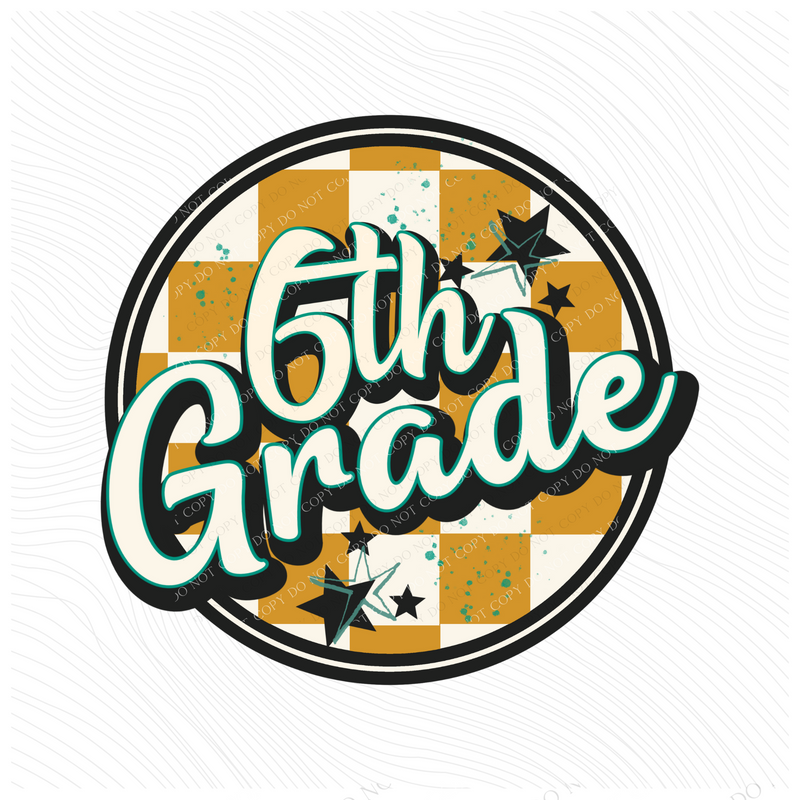 6th Grade Mustard Checkered Circle with Stars School Digital Design, PNG