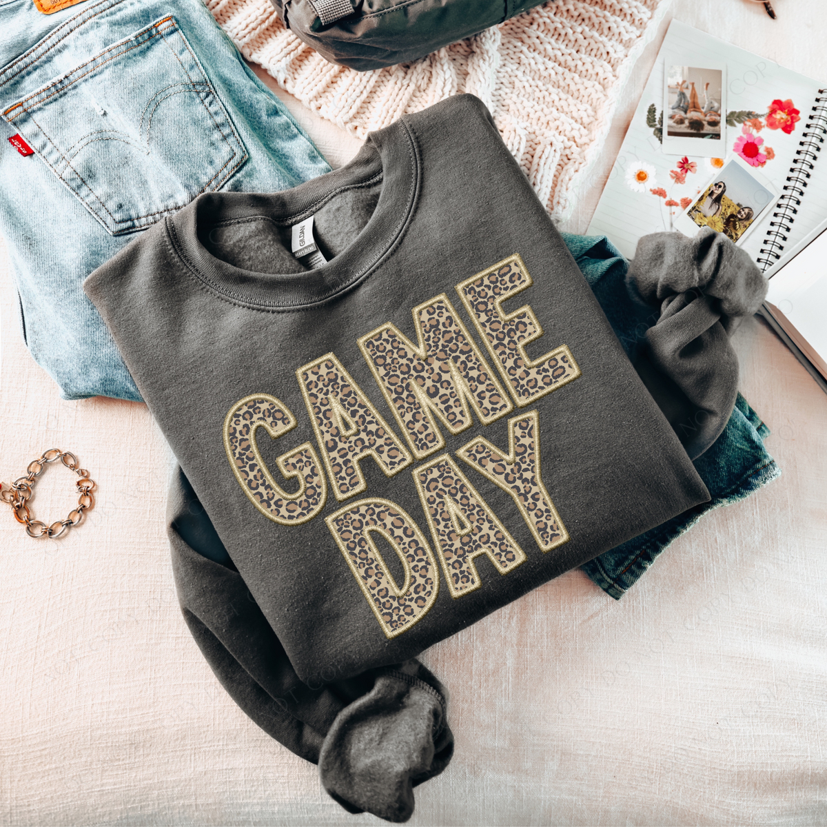 Game Day Leopard Embroidery & Script in Old Gold and Leopard Digital Design, PNG