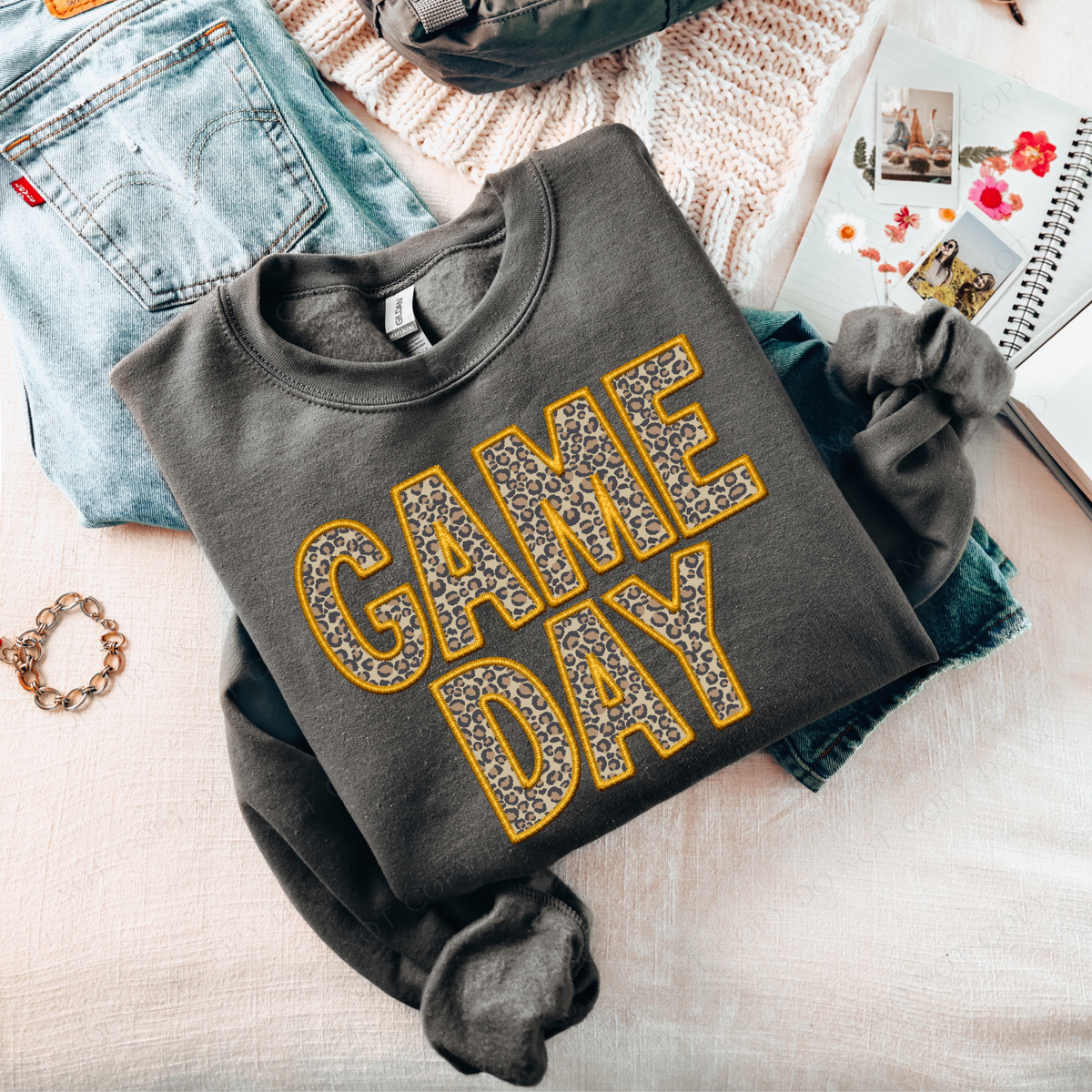 Game Day Leopard Embroidery & Script in Yellow Gold and Leopard Digital Design, PNG
