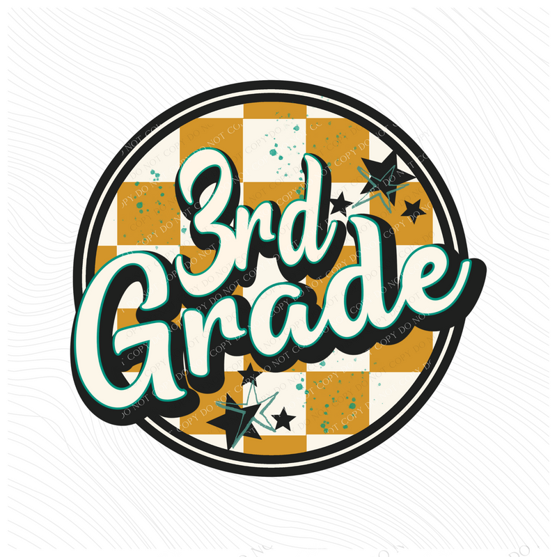3rd Grade Mustard Checkered Circle with Stars School Digital Design, PNG