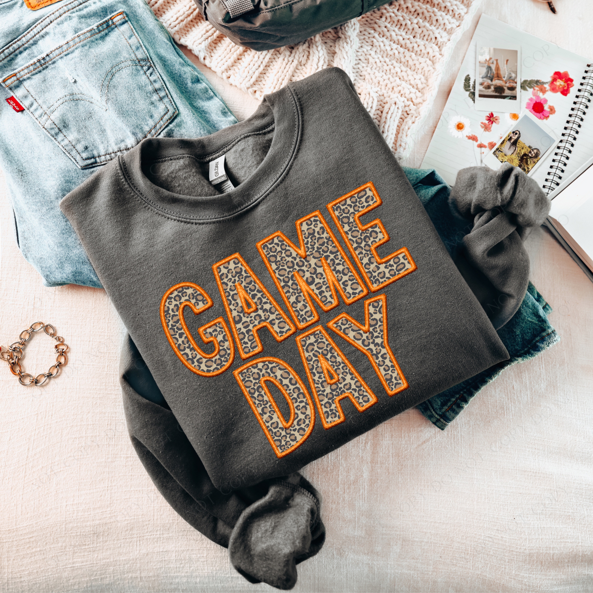 Game Day Leopard Embroidery & Script in Orange and Leopard Digital Design, PNG