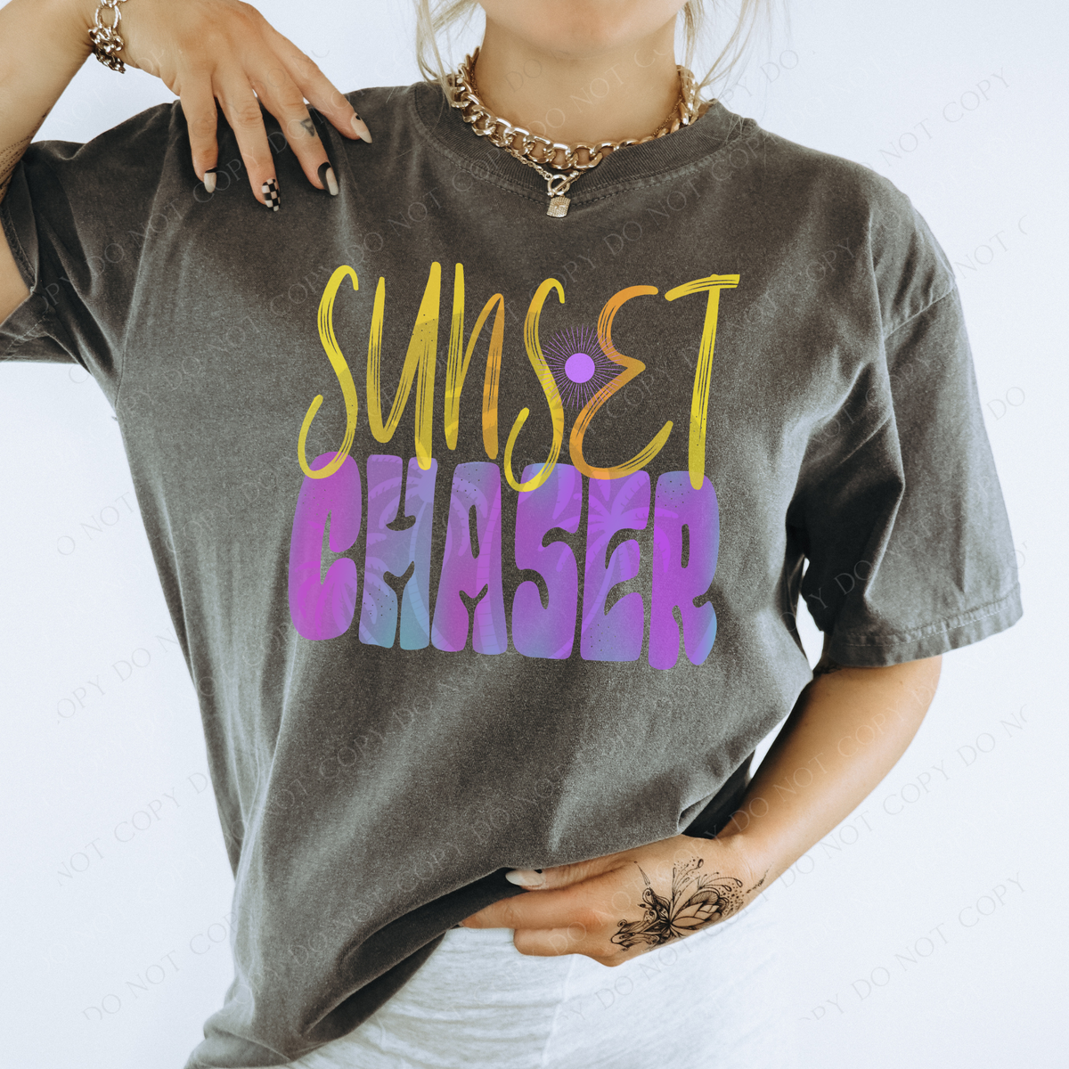 Sunset Chaser with Faded Palm Trees in Purple & Yellow Ombré and Sun PNG,  Digital Design
