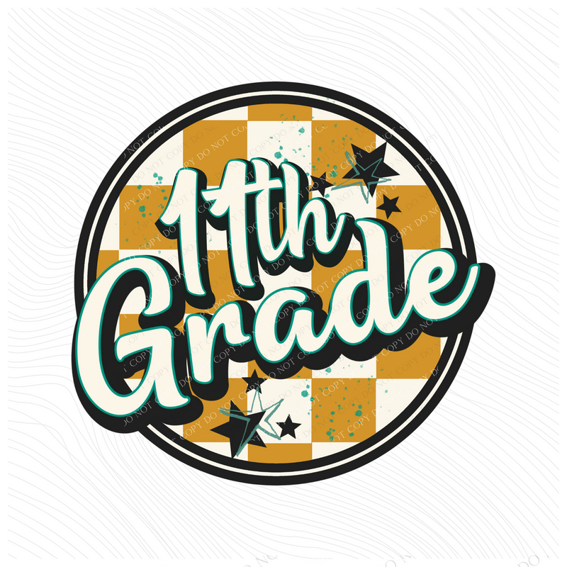 11th Grade Mustard Checkered Circle with Stars School Digital Design, PNG