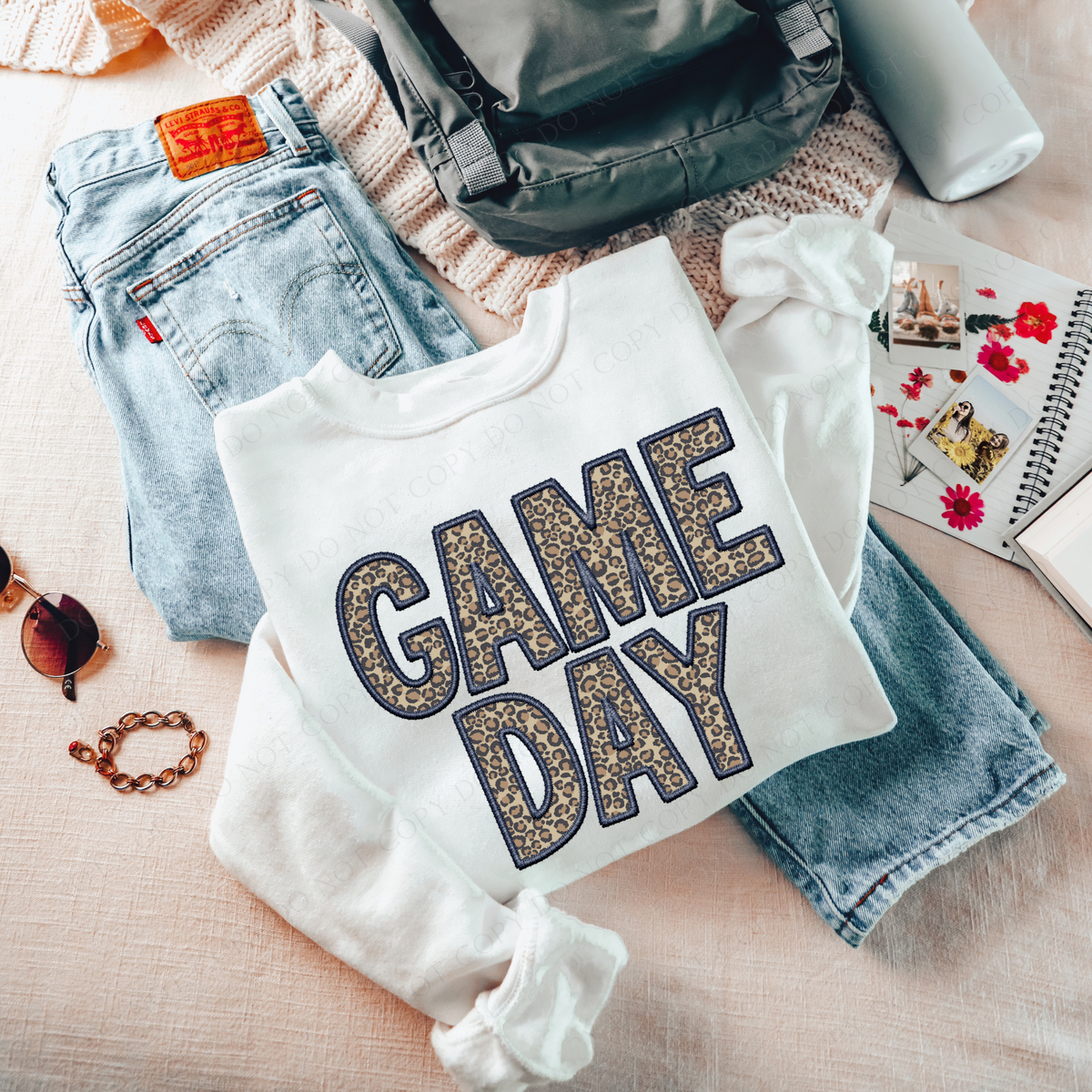 Game Day Leopard Embroidery & Script in Navy and Leopard Digital Design, PNG