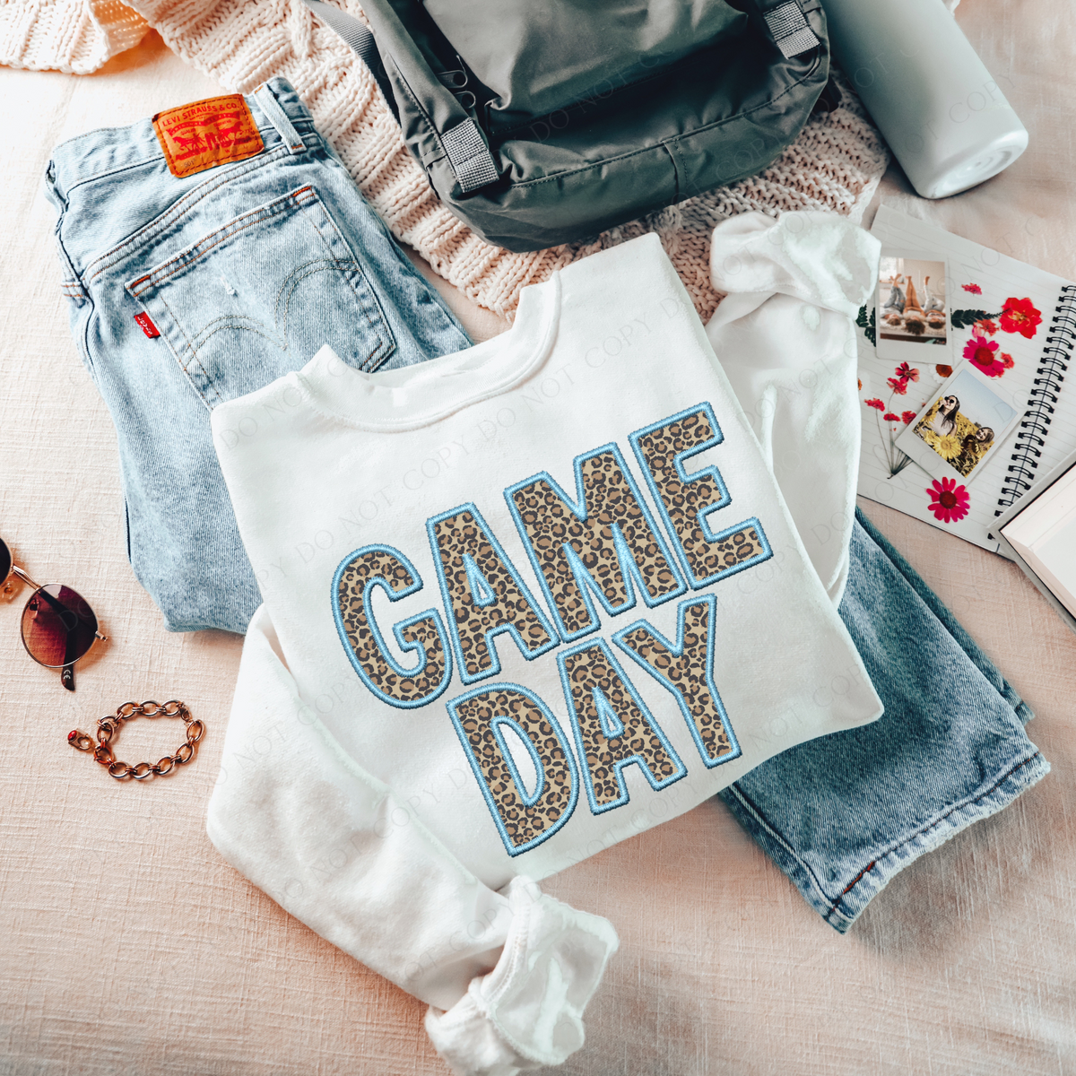 Game Day Leopard Embroidery & Script in Light Blue and Leopard Digital Design, PNG