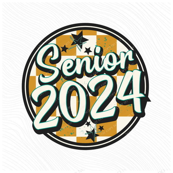 Senior 2024 Mustard Checkered Circle with Stars School Digital Design, PNG