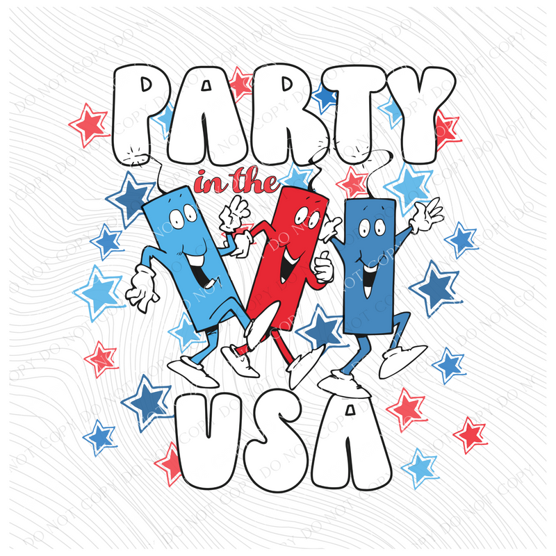 Party in the USA Stars, Firecracker Trio Characters Red, White & Blue  Digital Design, PNG