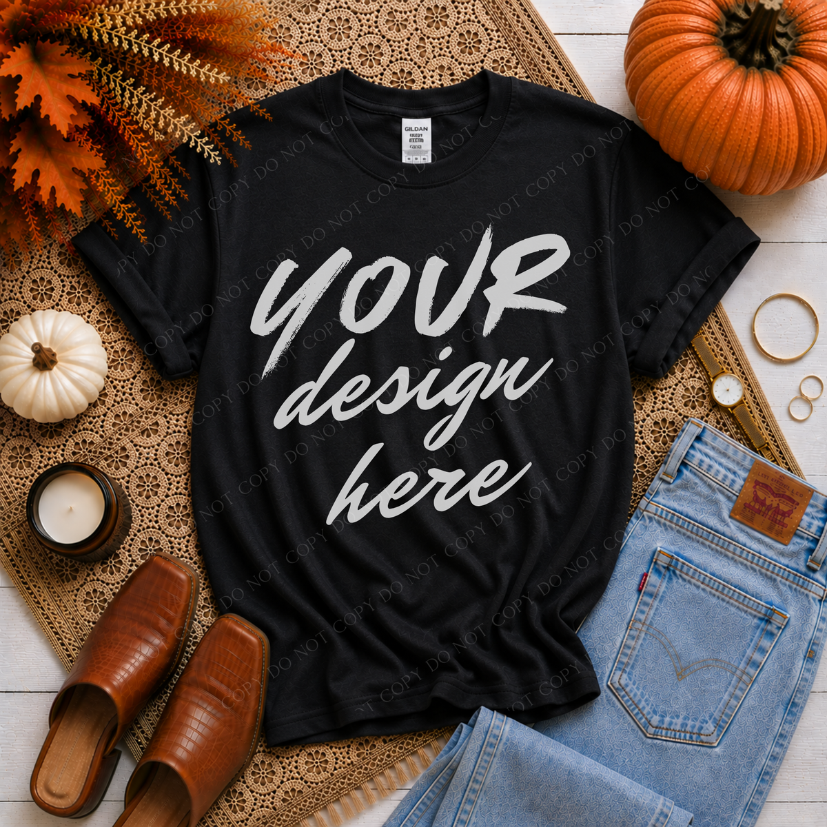 Fall Flatlay Mockup, Gildan G500 Black