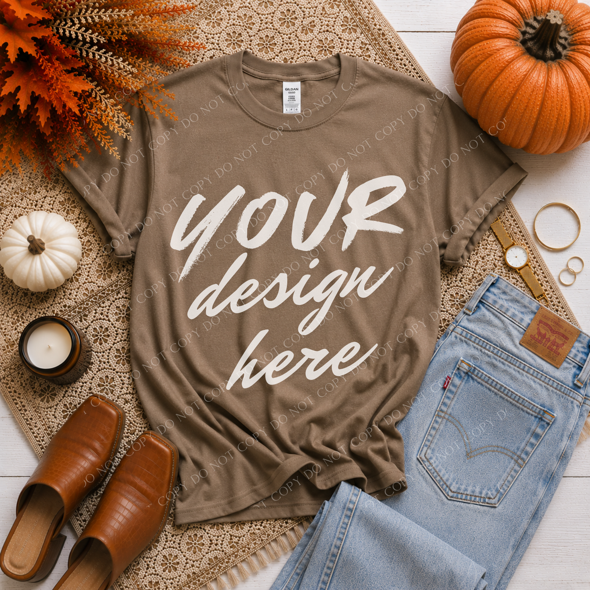 Fall Flatlay Mockup, Gildan G500 Brown Sanava