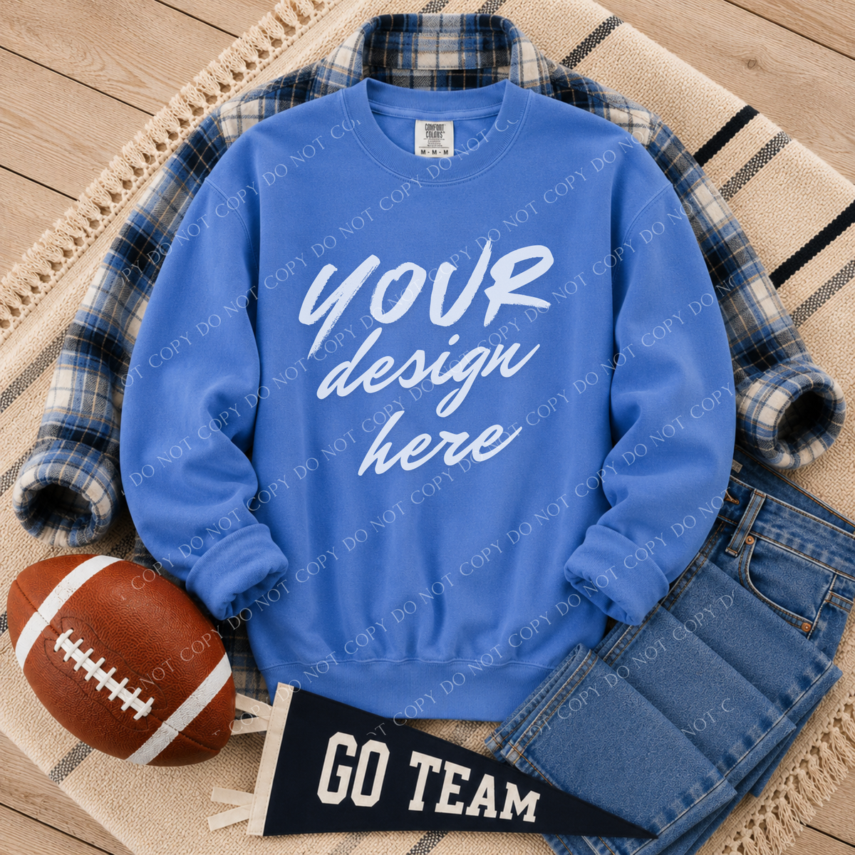 Football Blank Sweatshirt Mockup, Comfort Colors 1566 Flo Blue