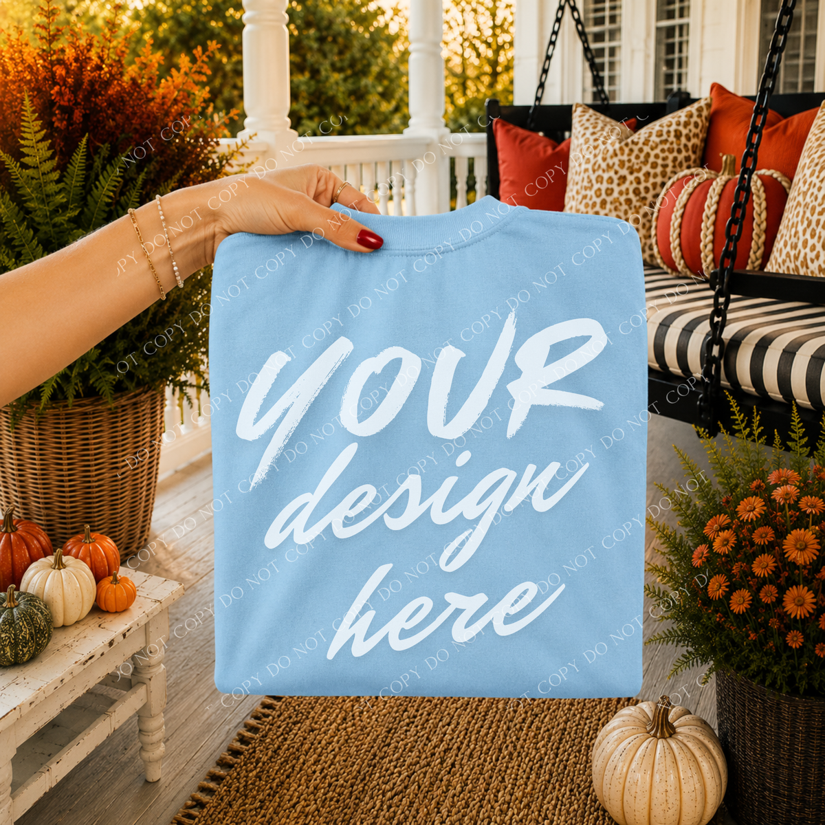 Fall Porch Blank Sweatshirt Mockup, Gildan 18000 Light Blue