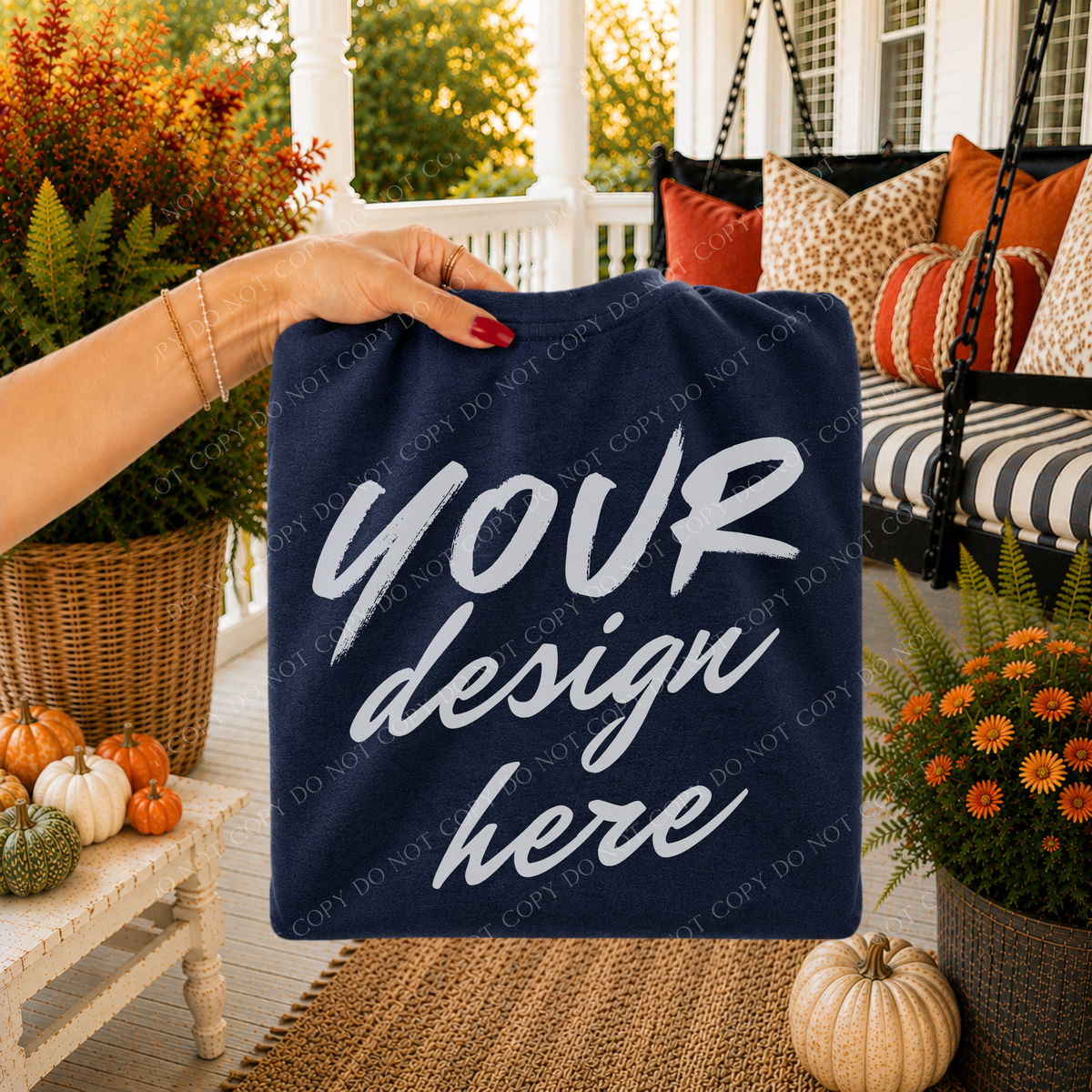 Fall Porch Blank Sweatshirt Mockup, Gildan 18000 Navy