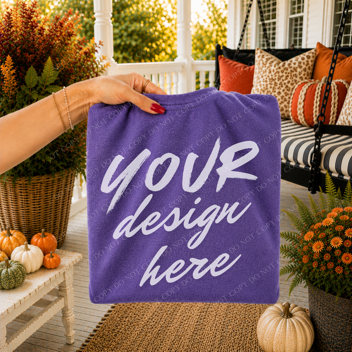 Fall Porch Blank Sweatshirt Mockup, Gildan 18000 Purple