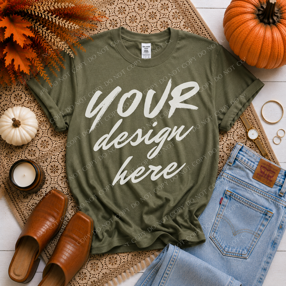 Fall Flatlay Mockup, Gildan G500 Military Green