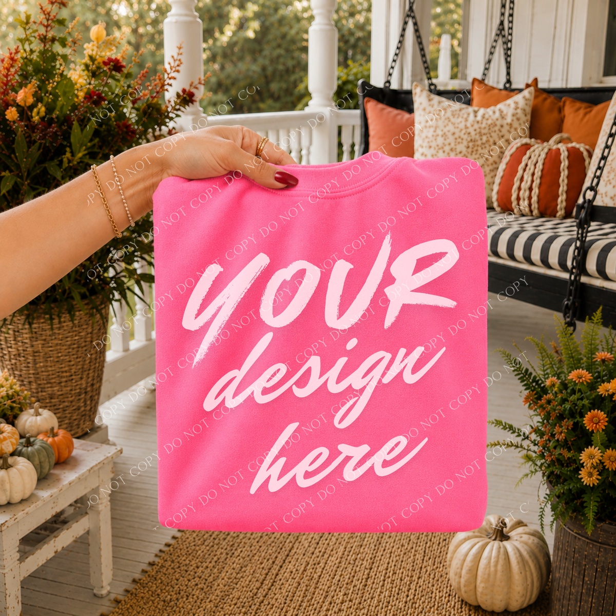 Fall Porch Blank Sweatshirt Mockup, Gildan 18000 Safety Pink