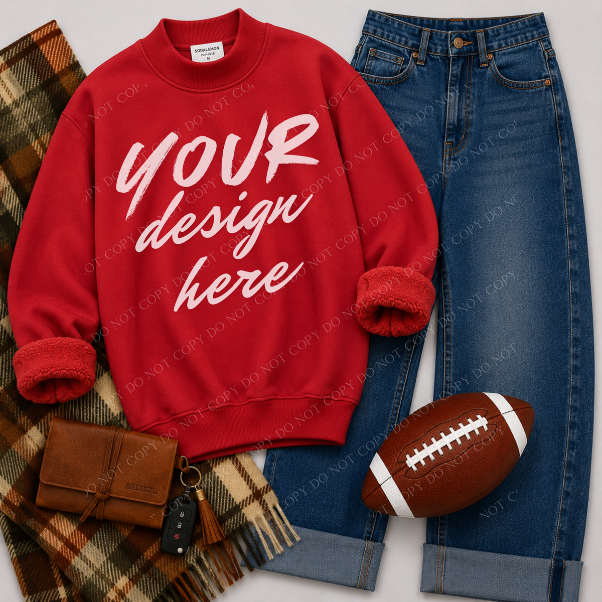 Mock Neck Sweatshirt Football Flatlay Mockup, Sodalemon PL-Y6316 Red