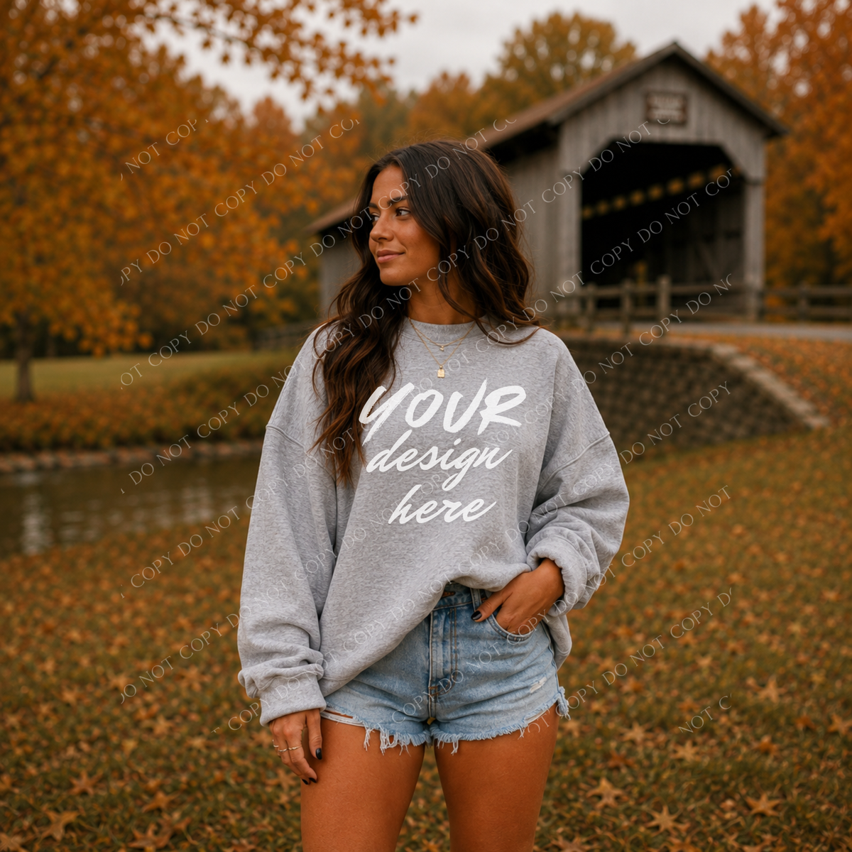 Fall Model Covered Bridge Sweatshirt Mockup, Gildan 18000 Sport Grey