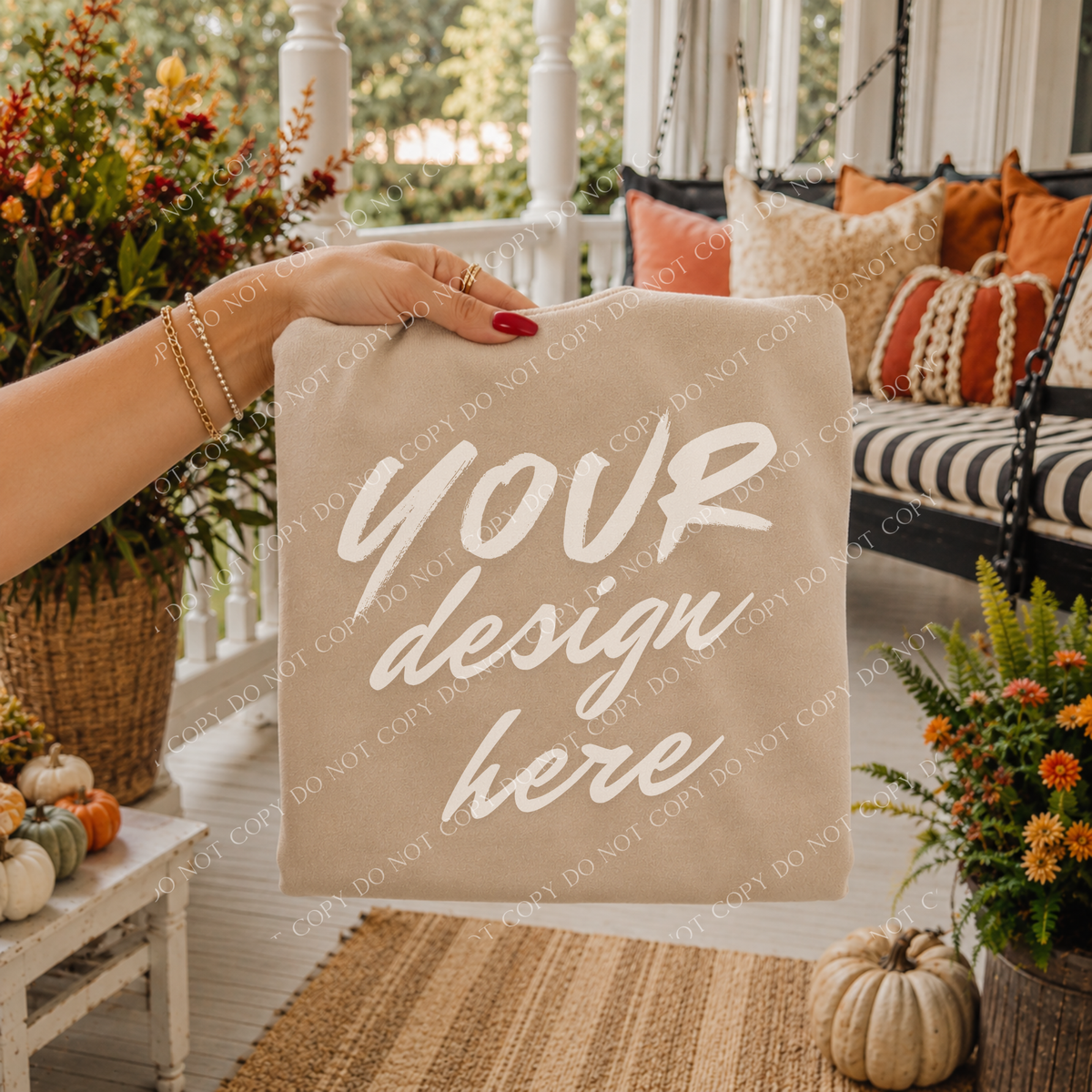 Fall Porch Blank Sweatshirt Mockup, Gildan 18000 Sand