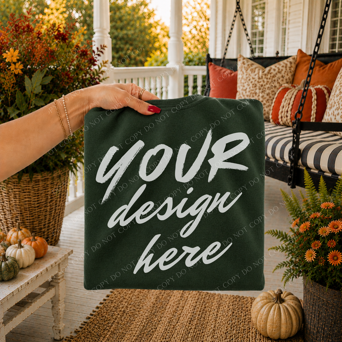 Fall Porch Blank Sweatshirt Mockup, Gildan 18000 Dark Green