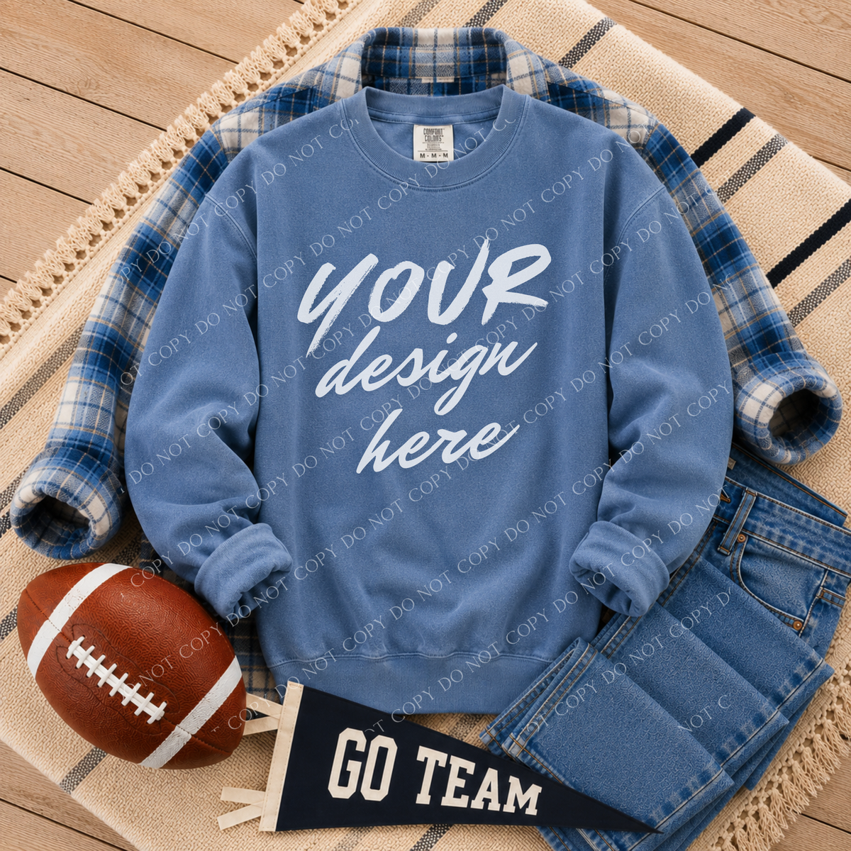 Football Blank Sweatshirt Mockup, Comfort Colors 1566 Blue Jean