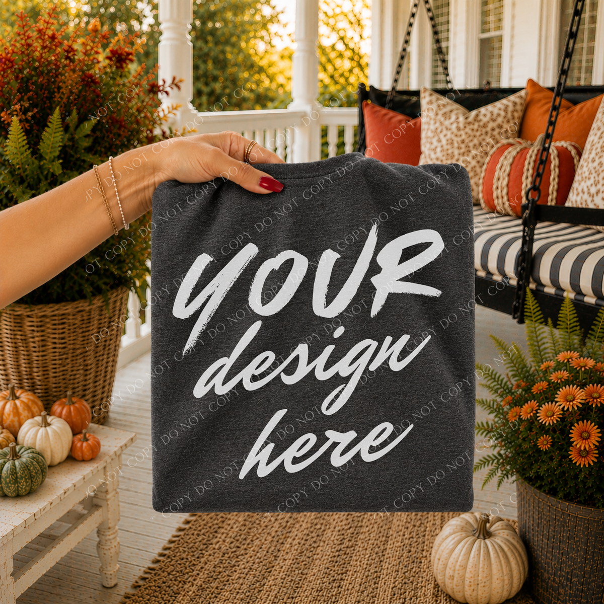 Fall Porch Blank Sweatshirt Mockup, Gildan 18000 Dark Heather