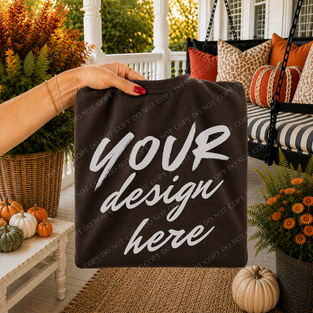 Fall Porch Blank Sweatshirt Mockup, Gildan 18000 Dark Chocolate