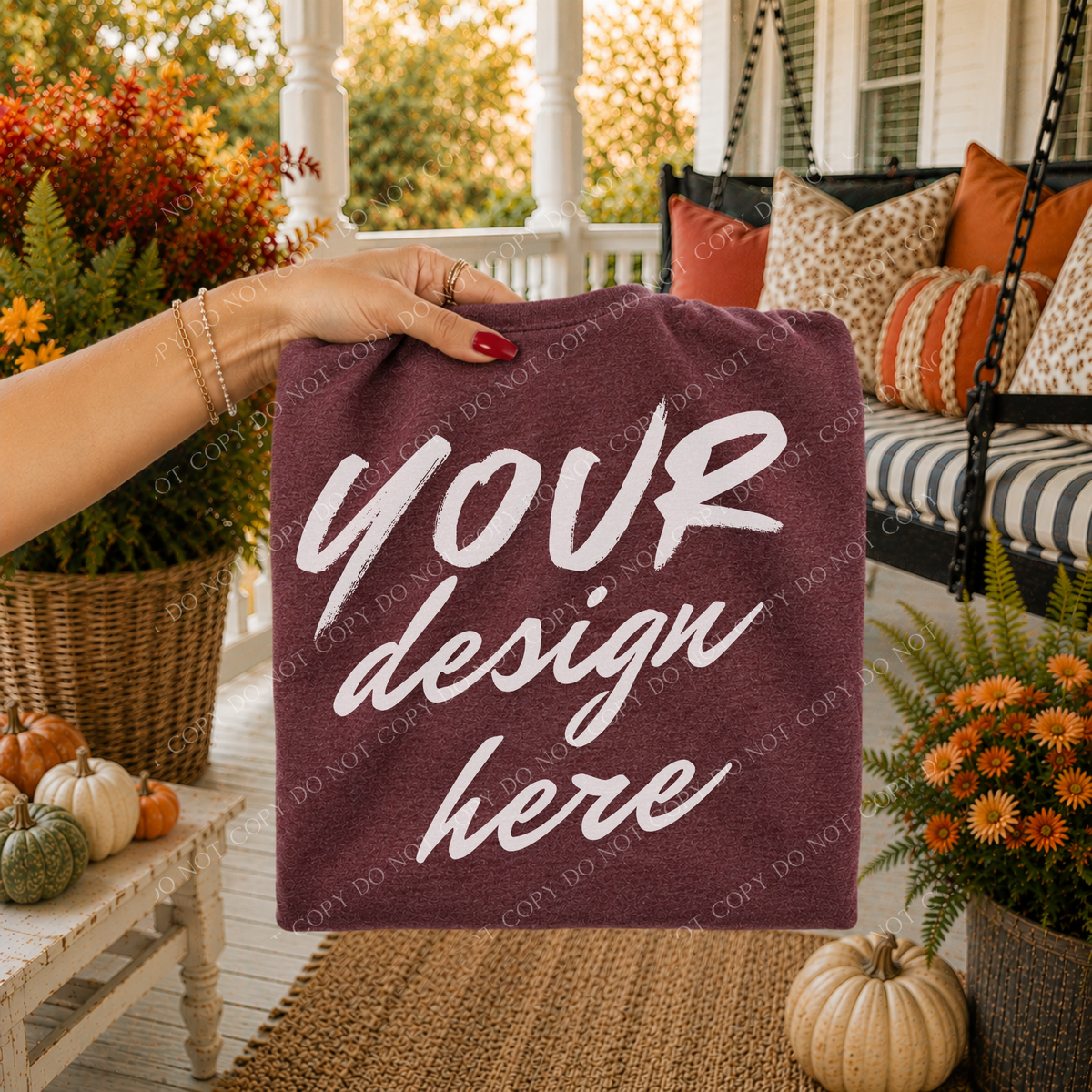 Fall Porch Blank Sweatshirt Mockup, Gildan 18000 Heather Sport Dark Maroon