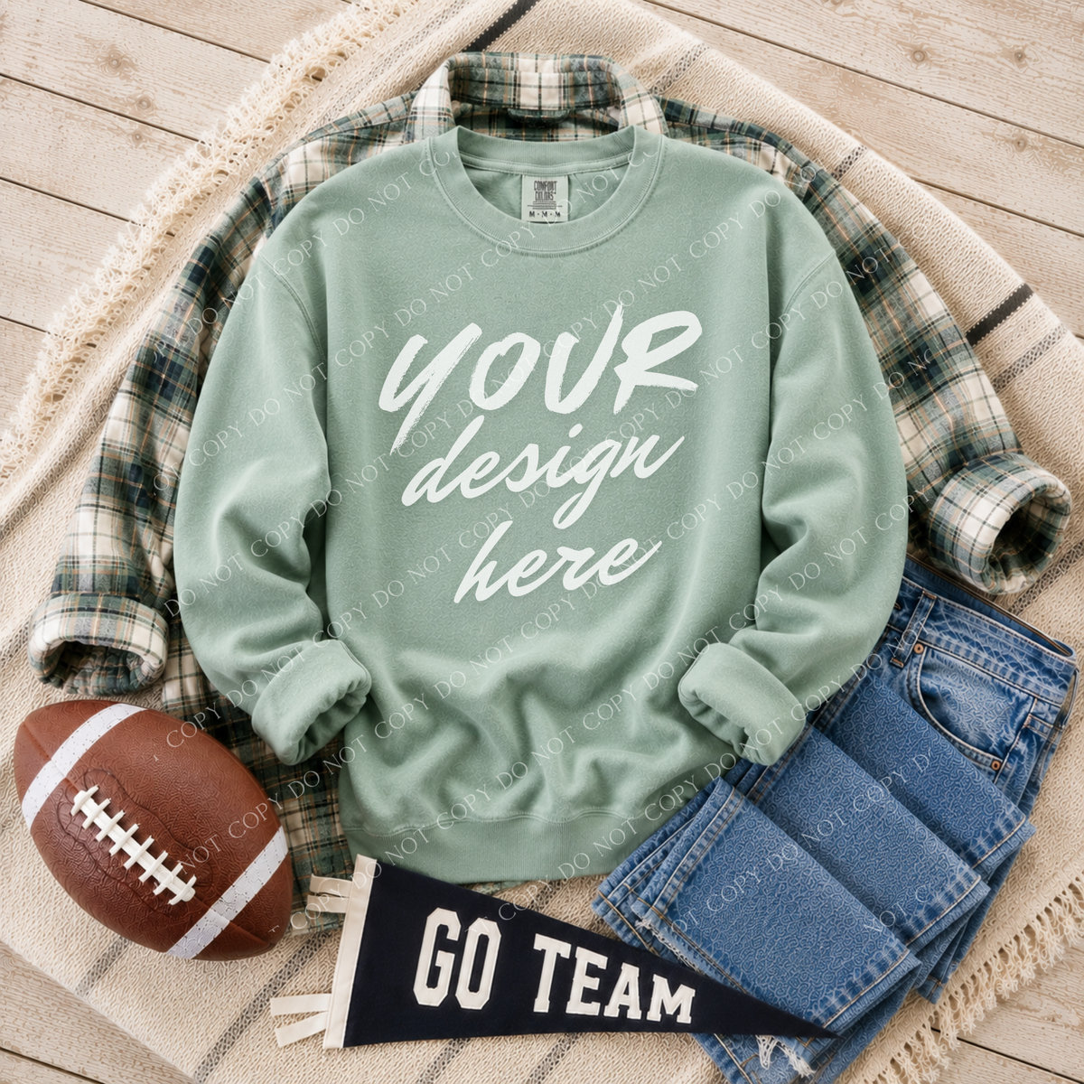 Football Blank Sweatshirt Mockup, Comfort Colors 1566 Seafoam