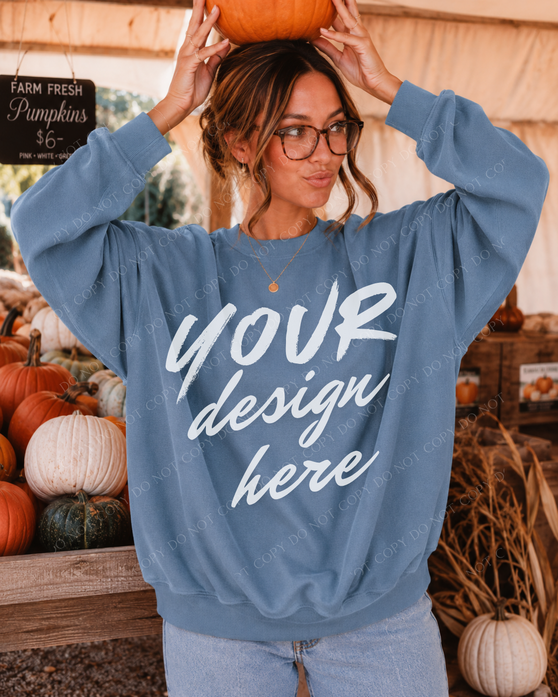 Fall Market Sweatshirt, Model Mockup, Comfort Colors 1566 Blue Jean