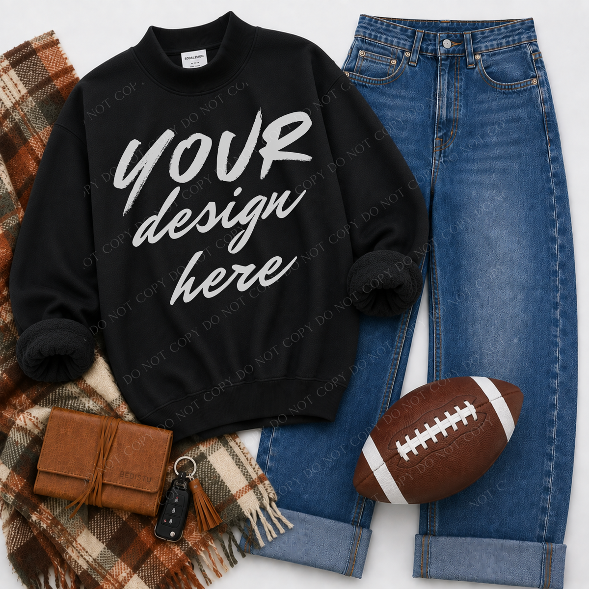 Mock Neck Sweatshirt Football Flatlay Mockup, Sodalemon PL-Y6316 Black