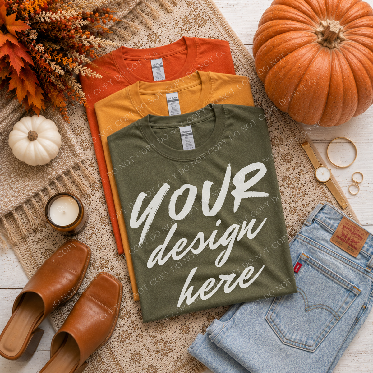 Fall Stacked Flatlay Mockup, Gildan G500 Military Green, Gold & Texas Orange