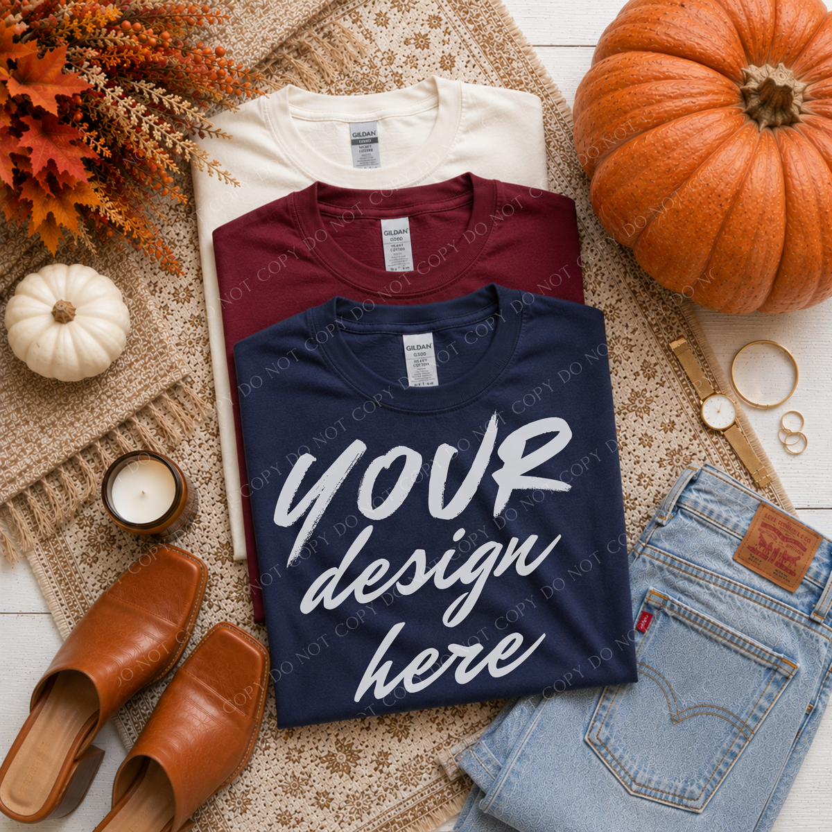 Fall Stacked Flatlay Mockup, Gildan G500 Navy, Garnet & Off White
