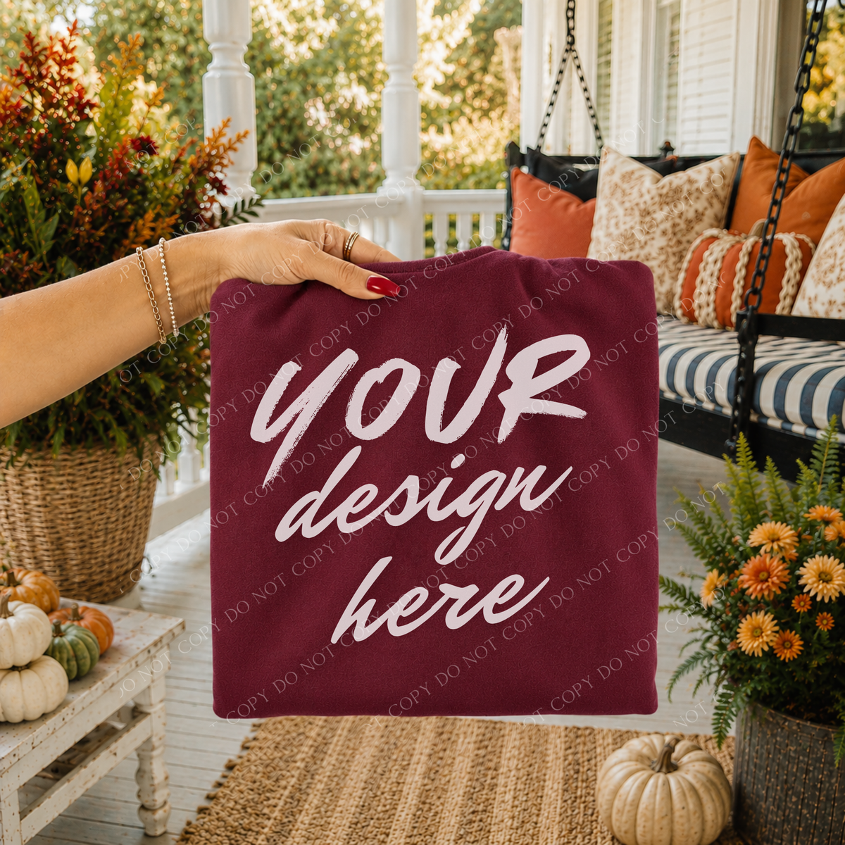 Fall Porch Blank Sweatshirt Mockup, Gildan 18000 Maroon