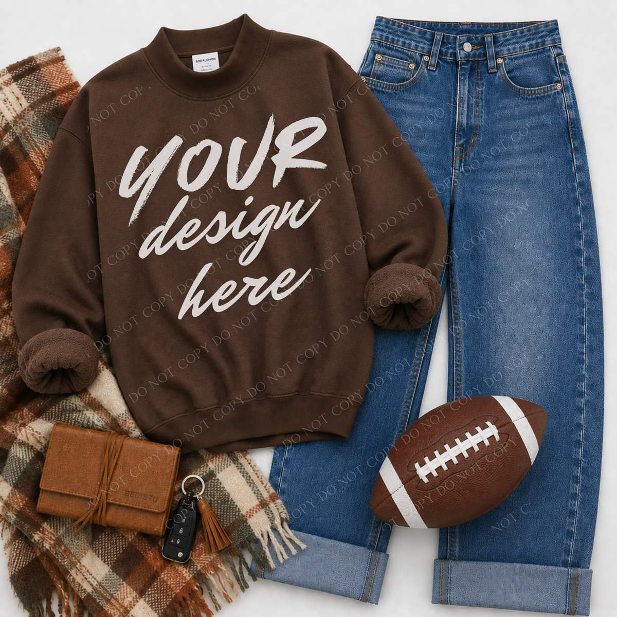 Mock Neck Sweatshirt Football Flatlay Mockup, Sodalemon PL-Y6316 Brown