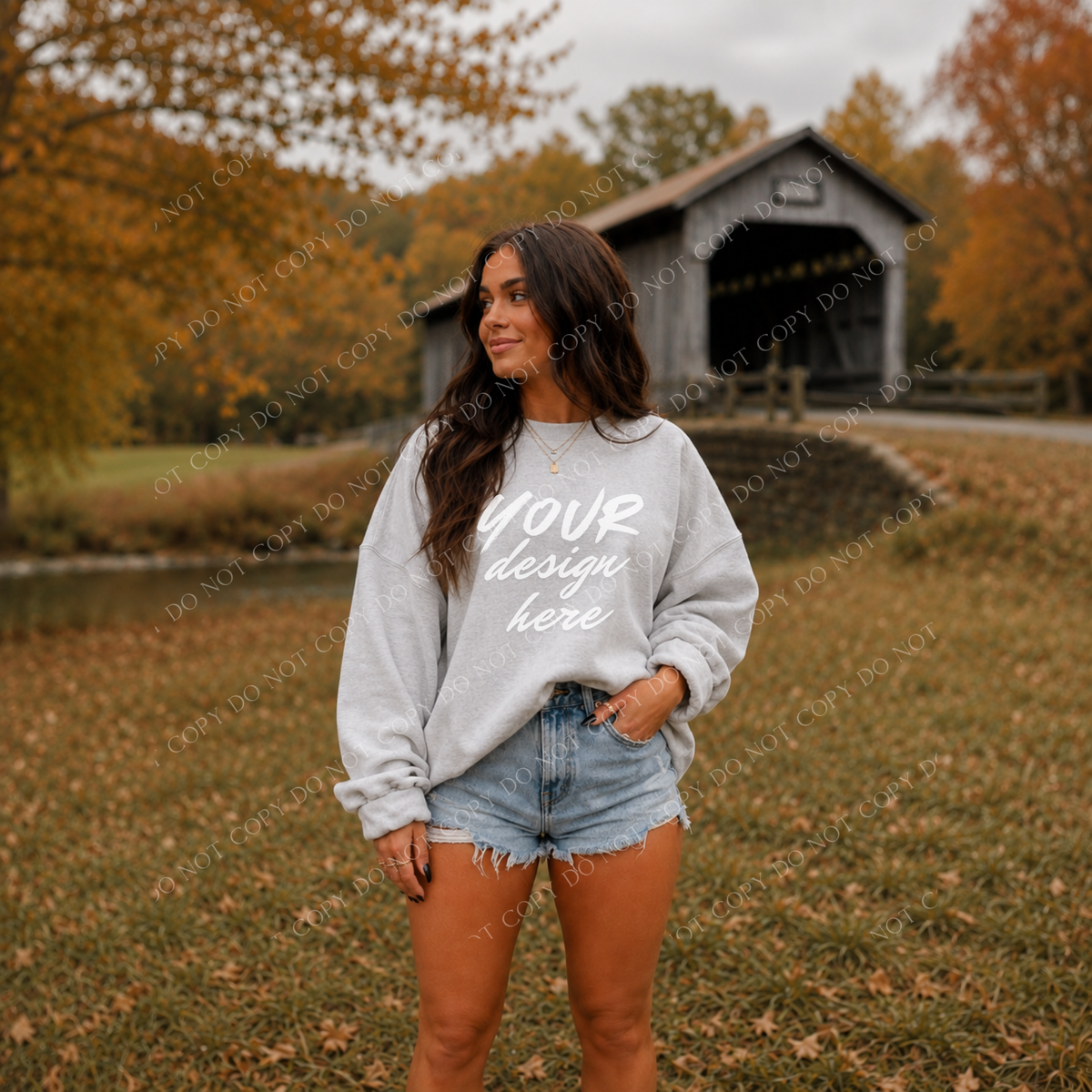 Fall Model Covered Bridge Sweatshirt Mockup, Gildan 18000 Ash