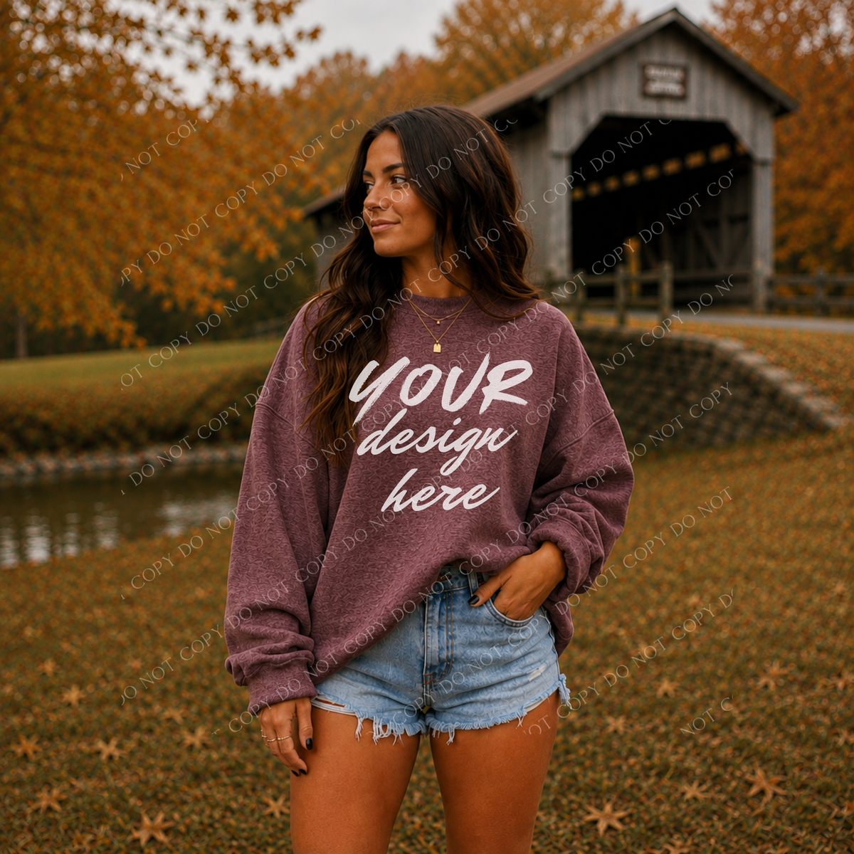Fall Model Covered Bridge Sweatshirt Mockup, Gildan 18000 Heather Sport Dark Maroon