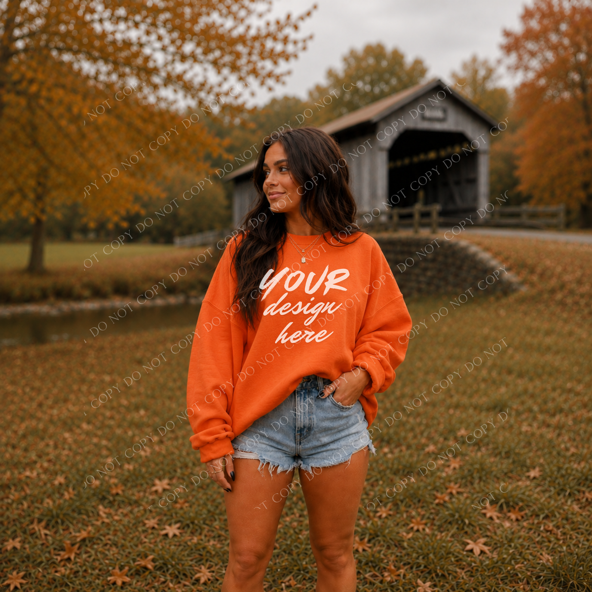 Fall Model Covered Bridge Sweatshirt Mockup, Gildan 18000 Orange