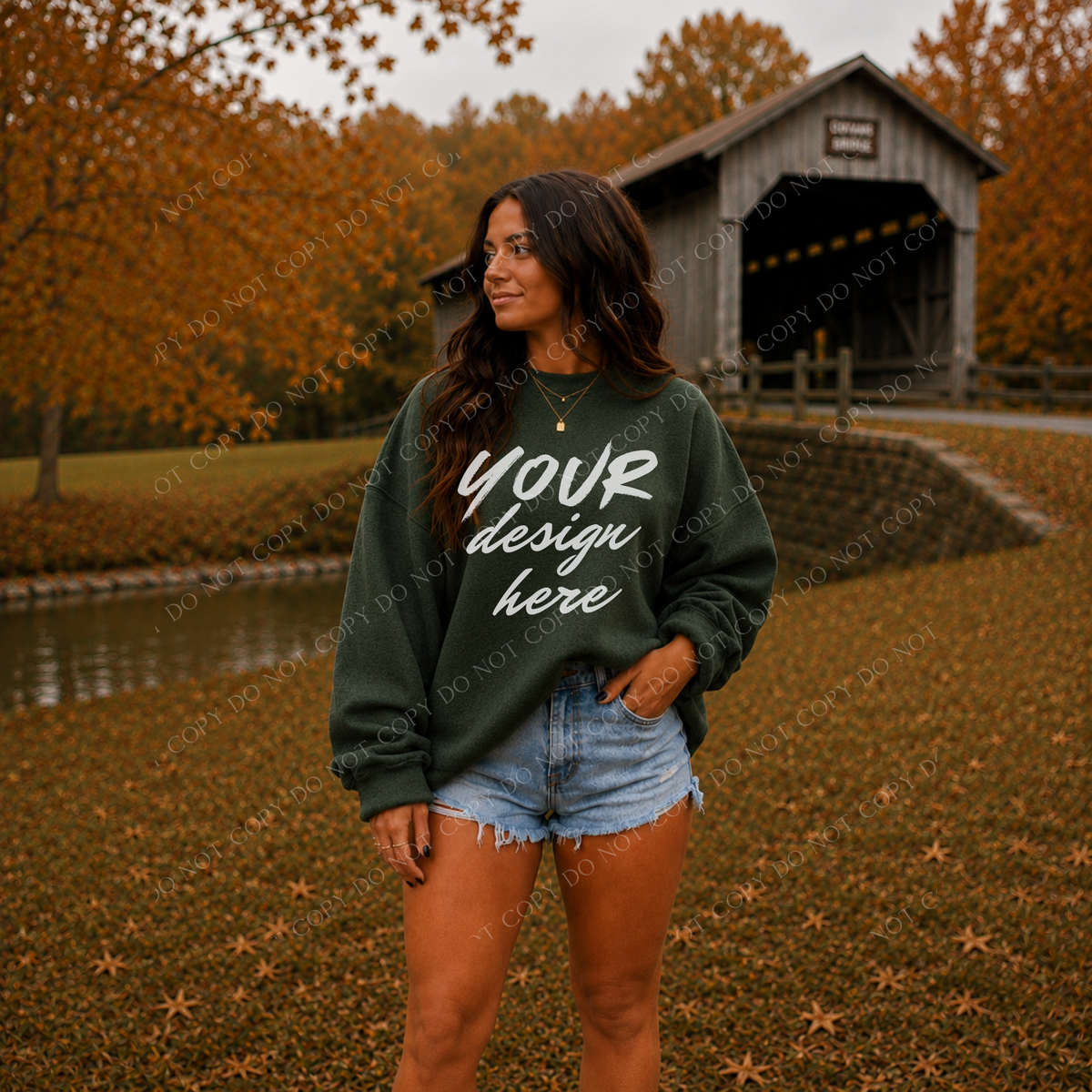 Fall Model Covered Bridge Sweatshirt Mockup, Gildan 18000 Fan Dark Green