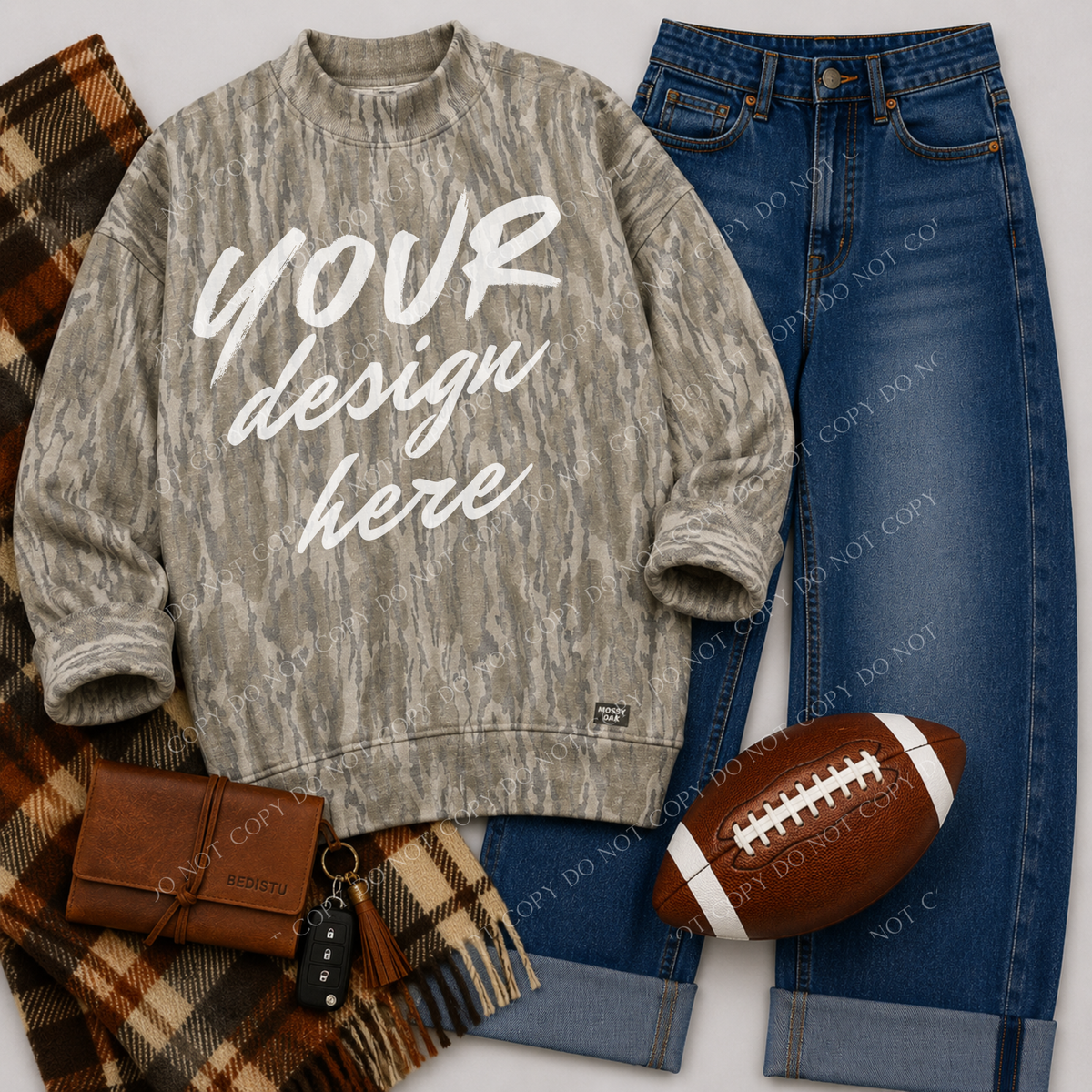Mock Neck Sweatshirt Football Flatlay Mockup, Mossy Oak Bottomland