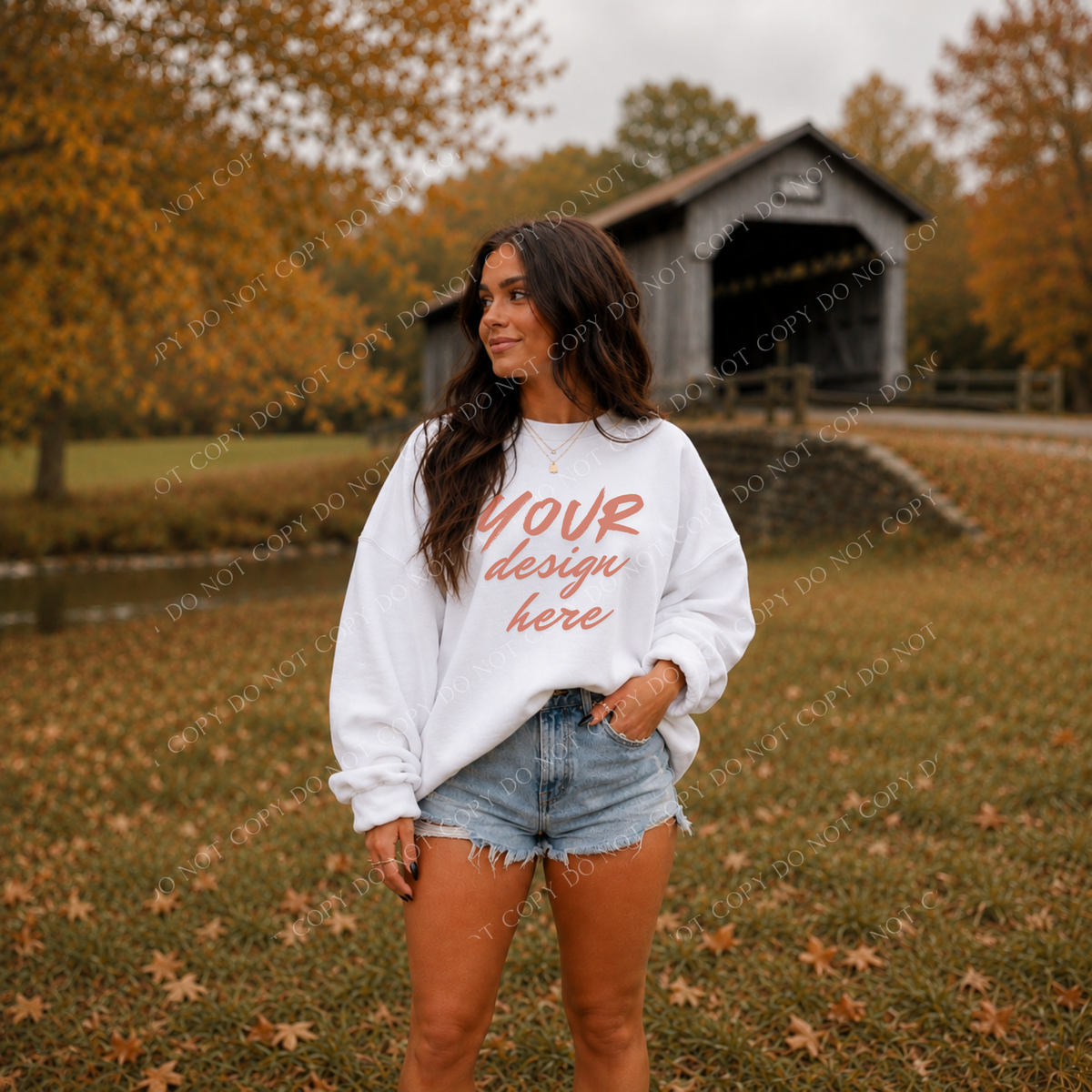 Fall Model Covered Bridge Sweatshirt Mockup, Gildan 18000 White