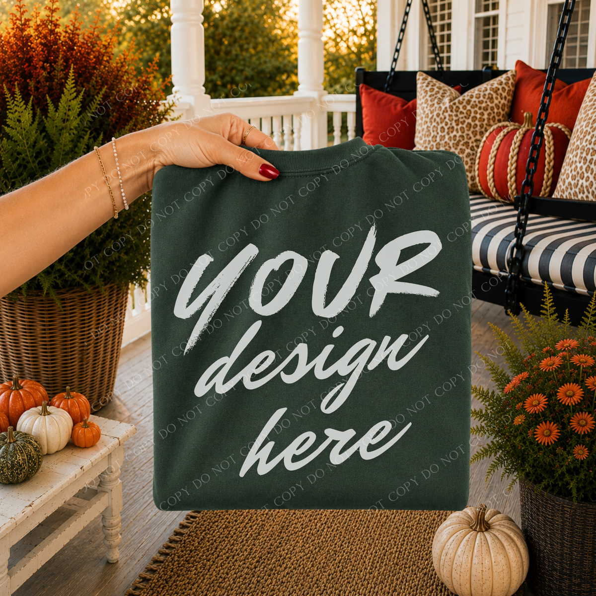 Fall Porch Blank Sweatshirt Mockup, Gildan 18000 Forest Green